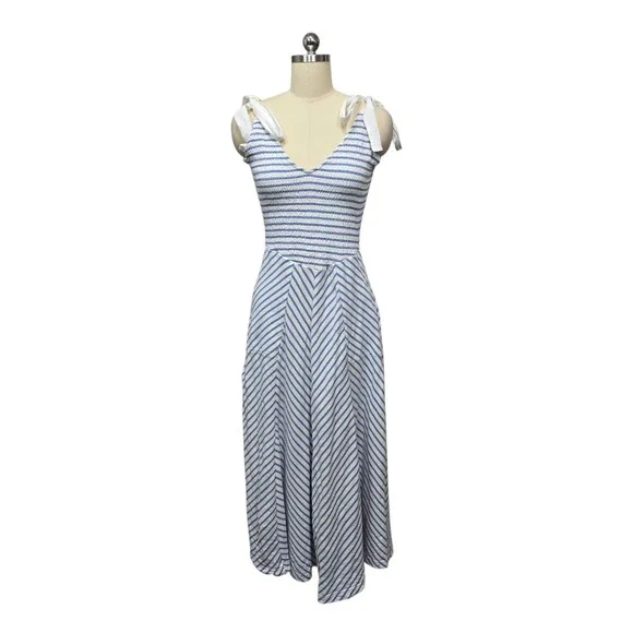 Free People Striped Smocked Midi Dress Blue White Tie Shoulder Women's M - Picture 2 of 12